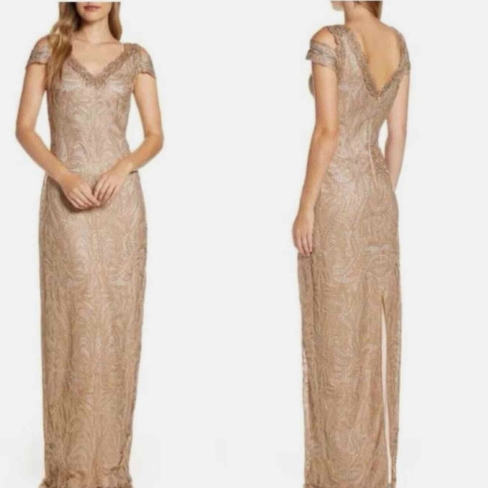 Tadashi Shoji gown sz4 Cold Shoulder Copper Shadow Embroidery Lace Column dress